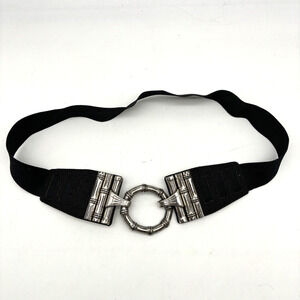 Vintage 00s Chico's Black Stretch Silver-tone Bamboo O-Ring Buckle Belt M 35"